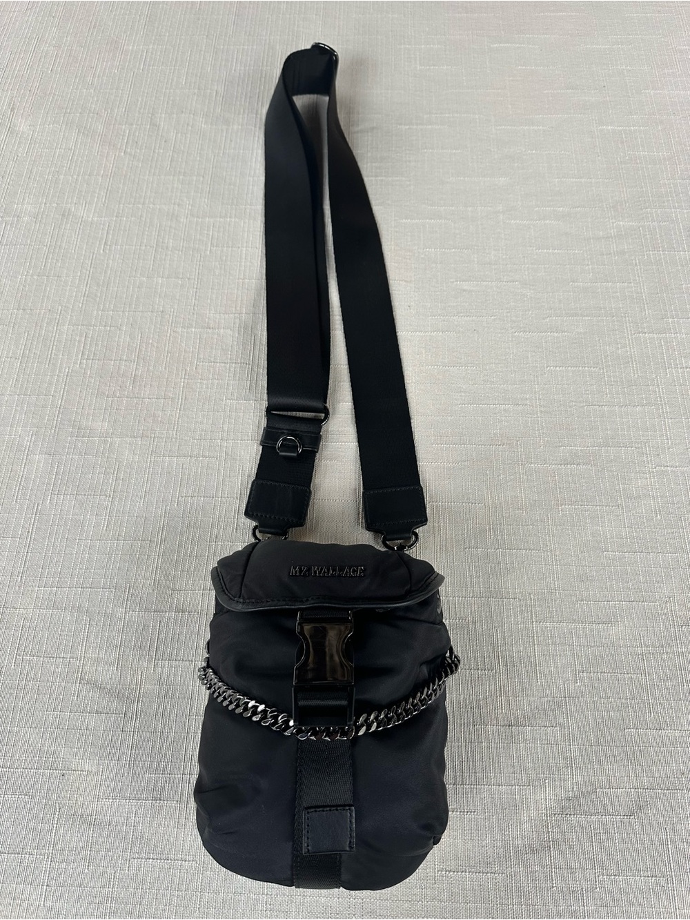 MZ Wallace Madison Flap Crossbody Black Satin Drawstring Bag Convertible Chain